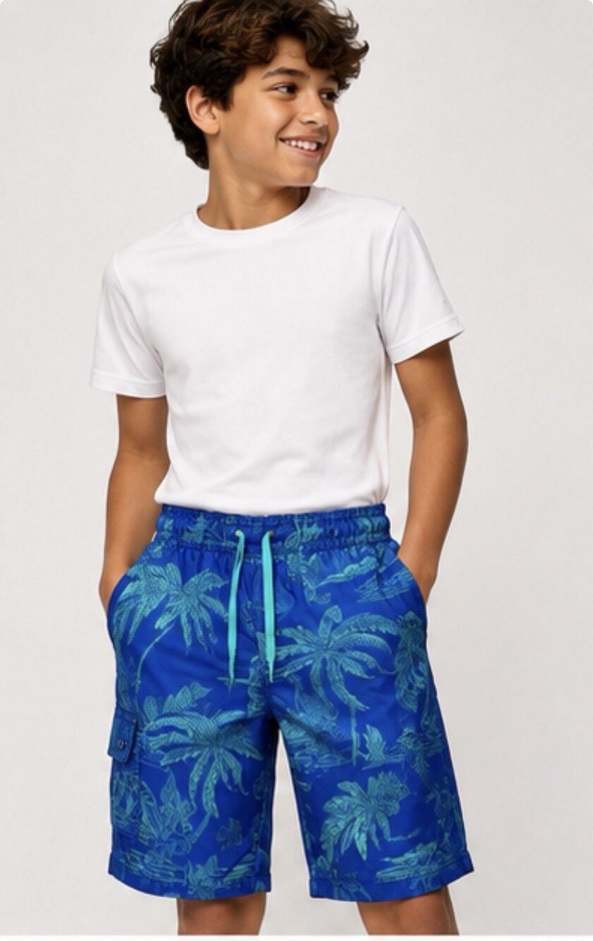 Outdoor Oasis Boys Husky 10/12 Blue Tropical Palm Swim Trunks Cargo